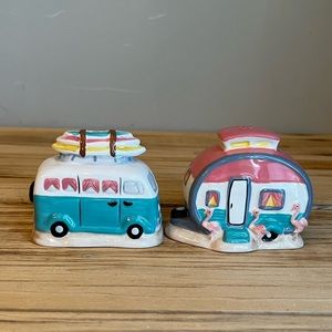 NIB Volkswagen Van w/surf boards on roof hauling a camper salt/pepper shakers